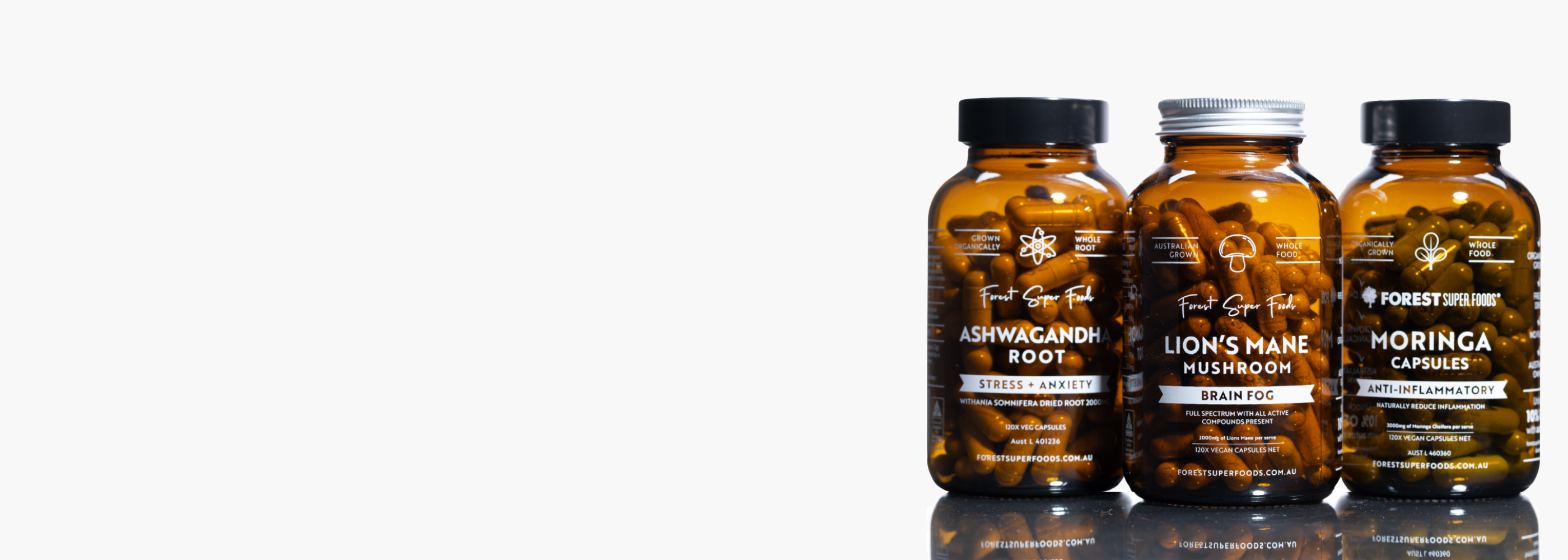 Three supplement bottles labeled 'Ashwagandha', 'Lions Mane Mushroom', and 'Morinda' on a white background.