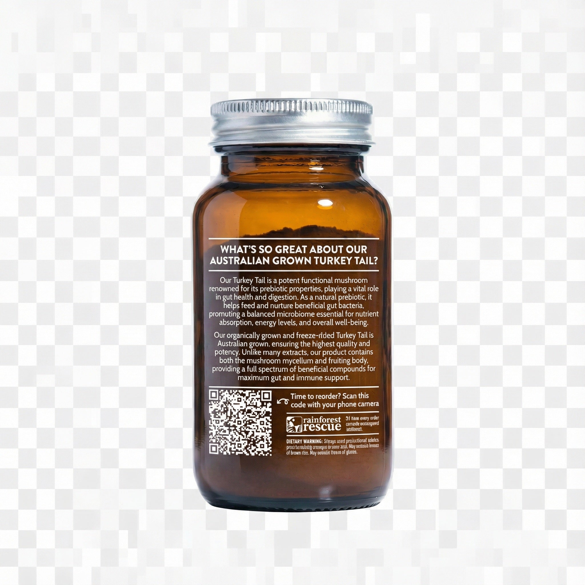 Back label of Australian Grown Turkey Tail Powder amber jar detailing probiotic and immune support benefits
