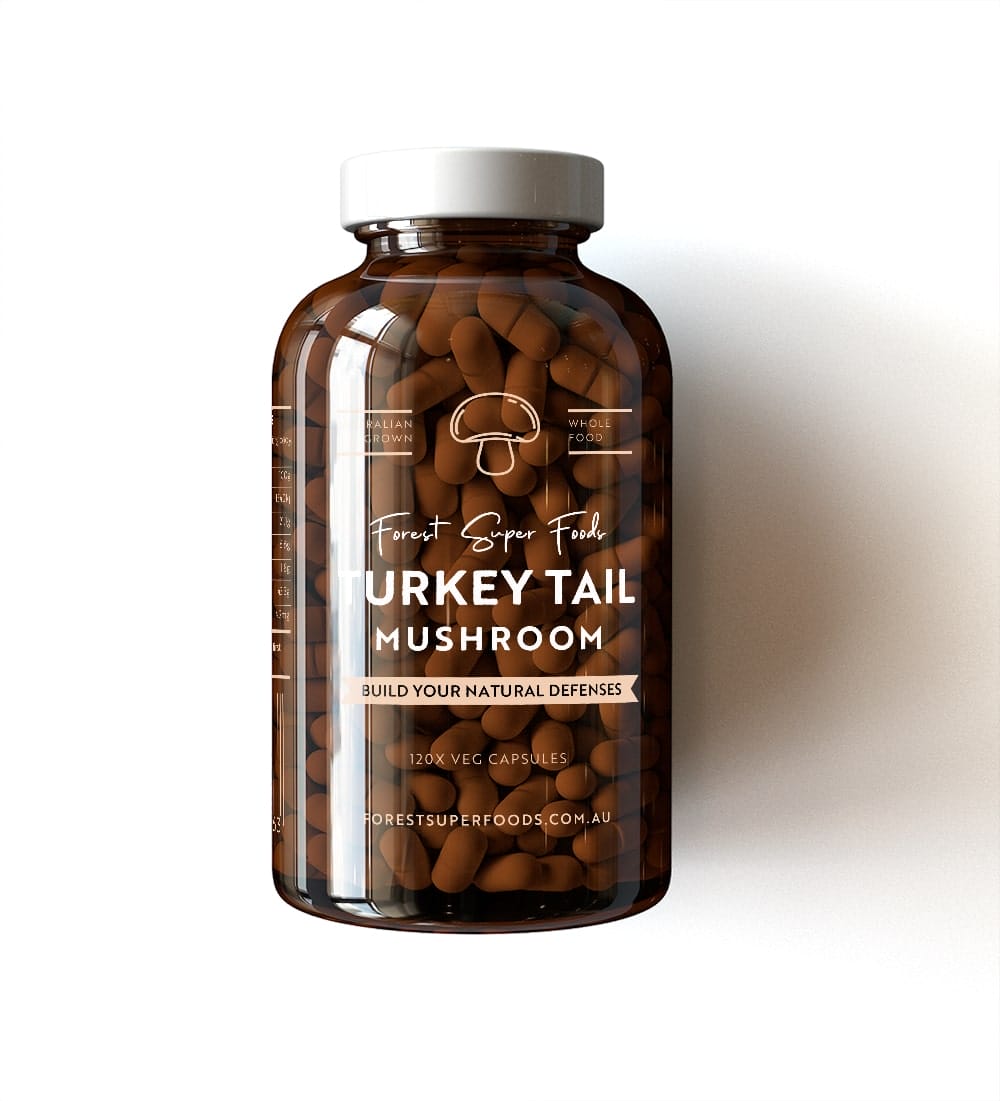 Daily Foundation Kit featuring amber bottle of Australian Turkey Tail Mushroom 120 vegetarian capsules for immunity support