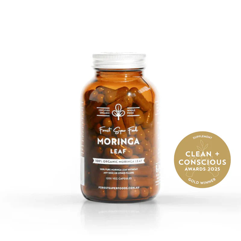 Australian-grown Organic Moringa Capsules bottle on a white background.